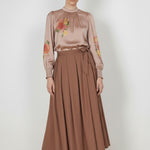 Brown Pleated Button-Detail Skirt