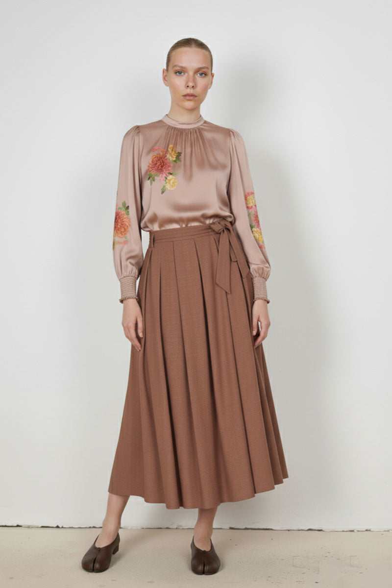 Brown Pleated Button-Detail Skirt
