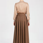 Brown Pleated Button-Detail Skirt