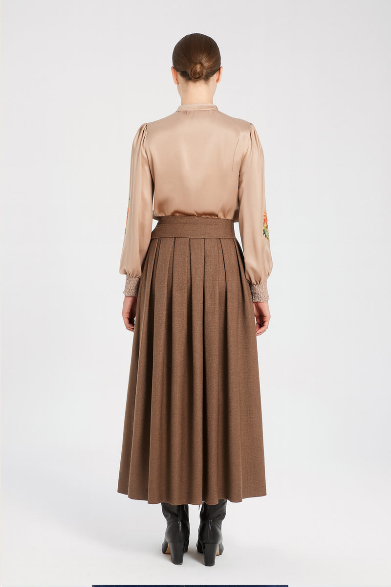 Brown Pleated Button-Detail Skirt