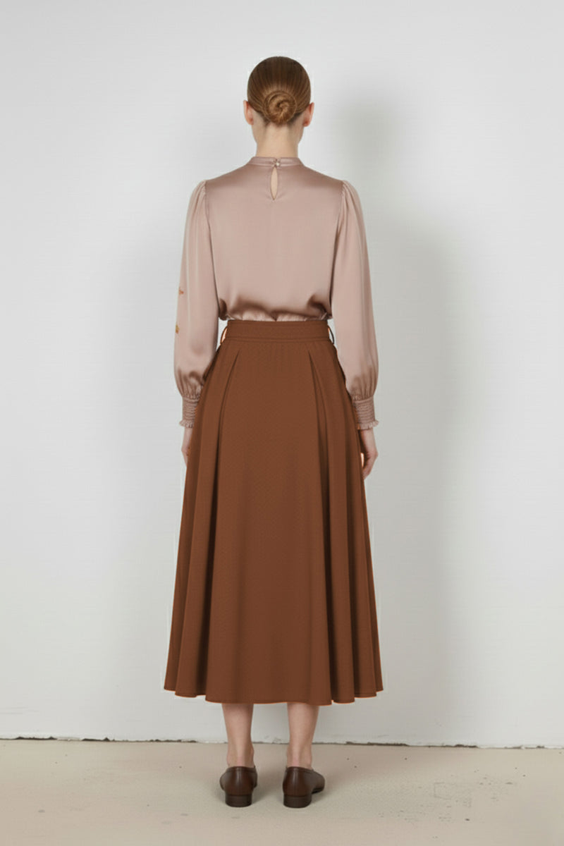 Brown Pleated Button-Detail Skirt