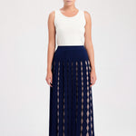 Navy Blue Camel Geometric Patterned Pleated Skirt