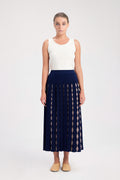 Navy Blue Camel Geometric Patterned Pleated Skirt