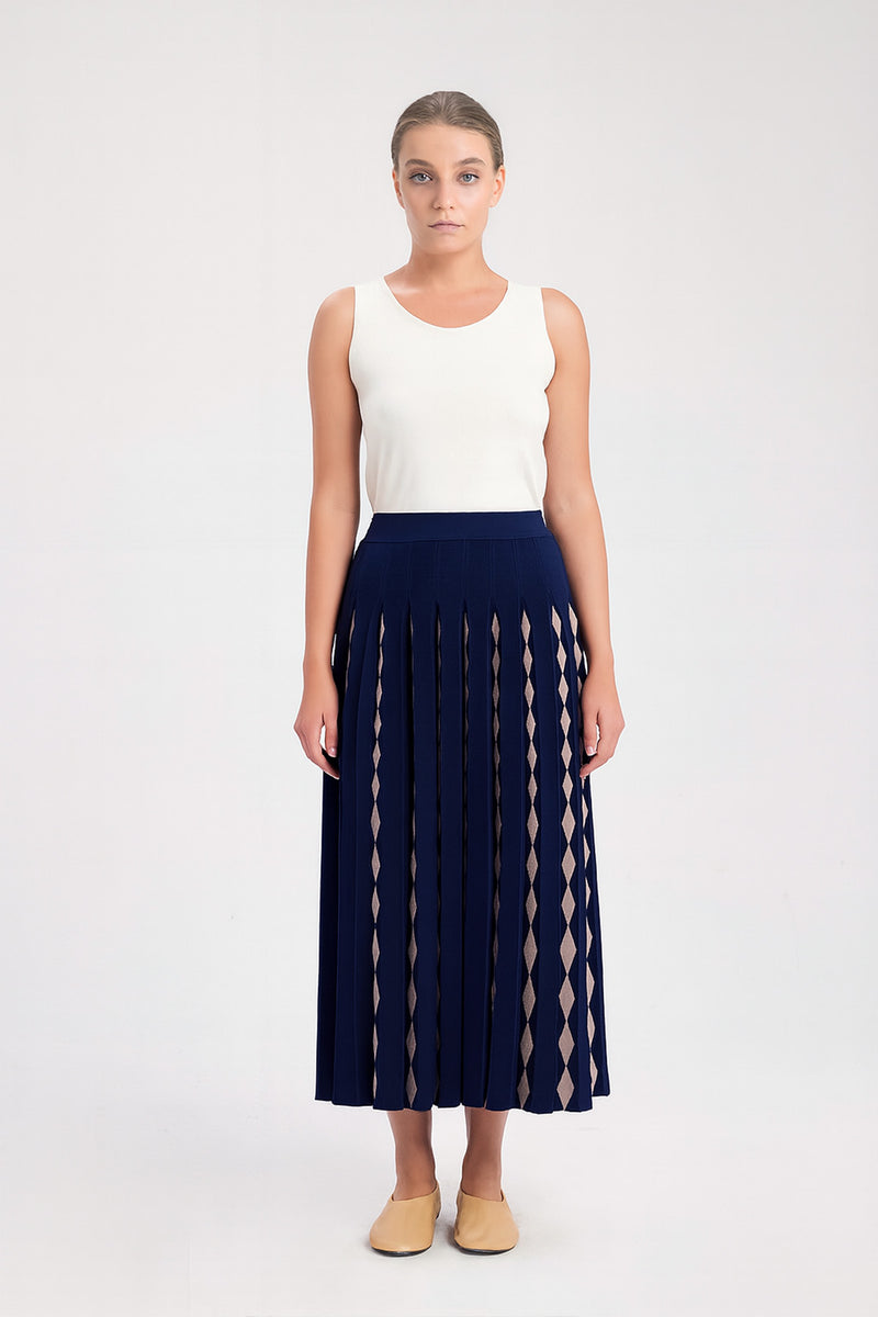 Navy Blue Camel Geometric Patterned Pleated Skirt