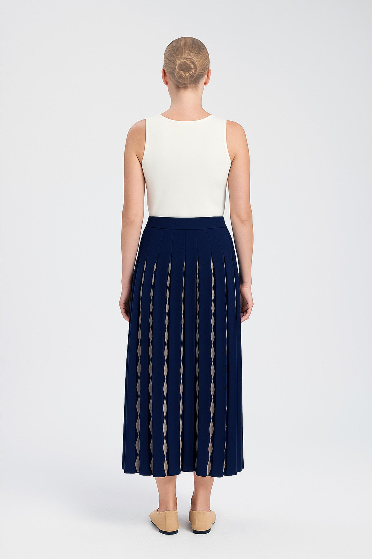 Navy Blue Camel Geometric Patterned Pleated Skirt