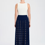 Navy Blue Camel Geometric Patterned Pleated Skirt