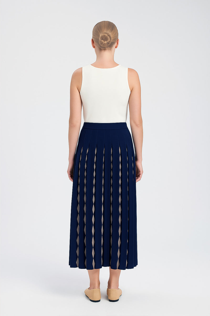 Navy Blue Camel Geometric Patterned Pleated Skirt