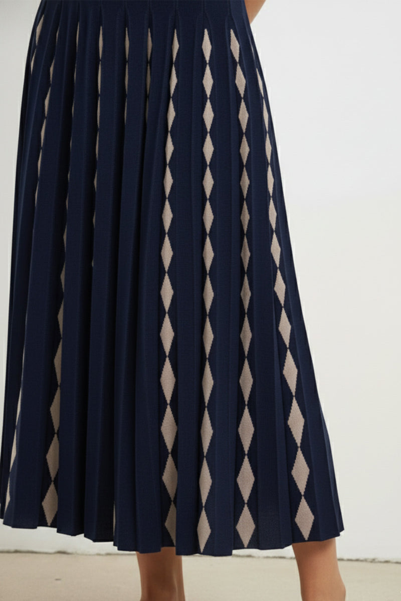 Navy Blue Camel Geometric Patterned Pleated Skirt