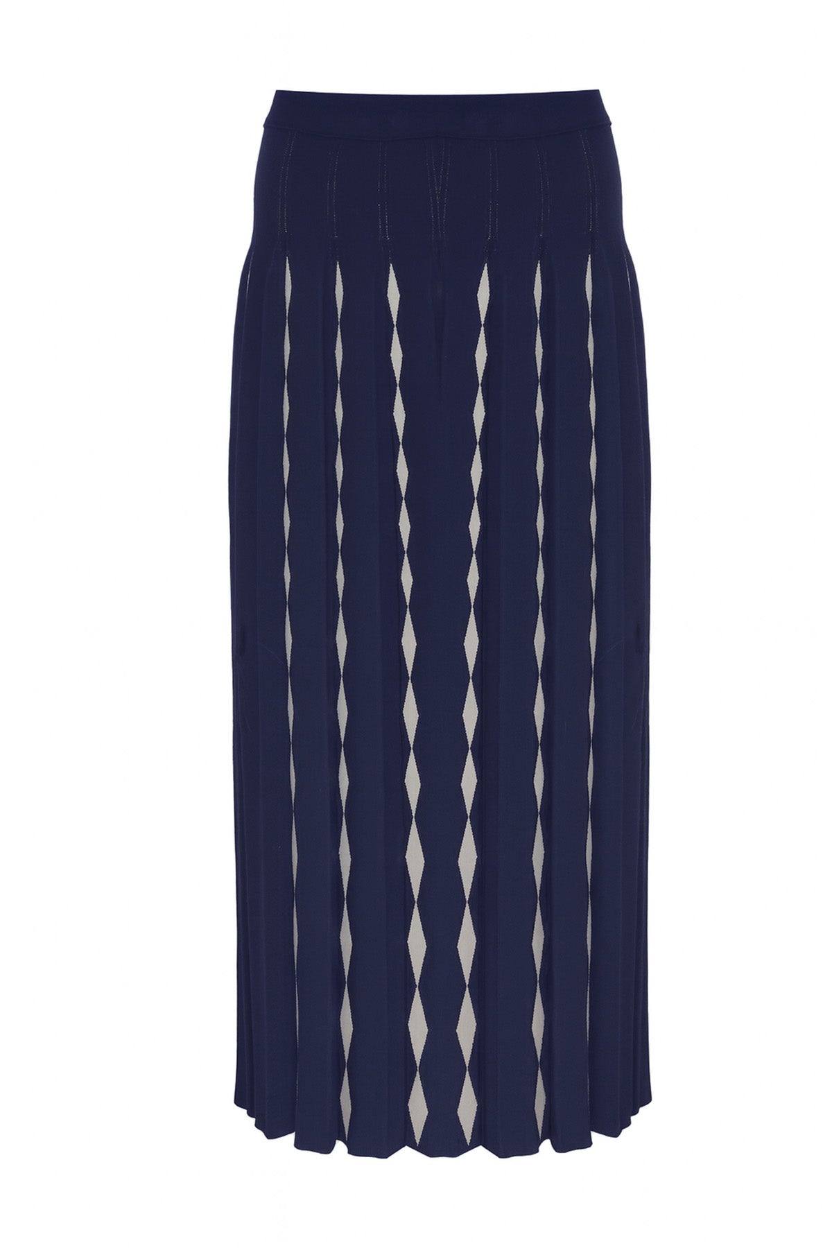 Navy Blue Camel Geometric Patterned Pleated Skirt