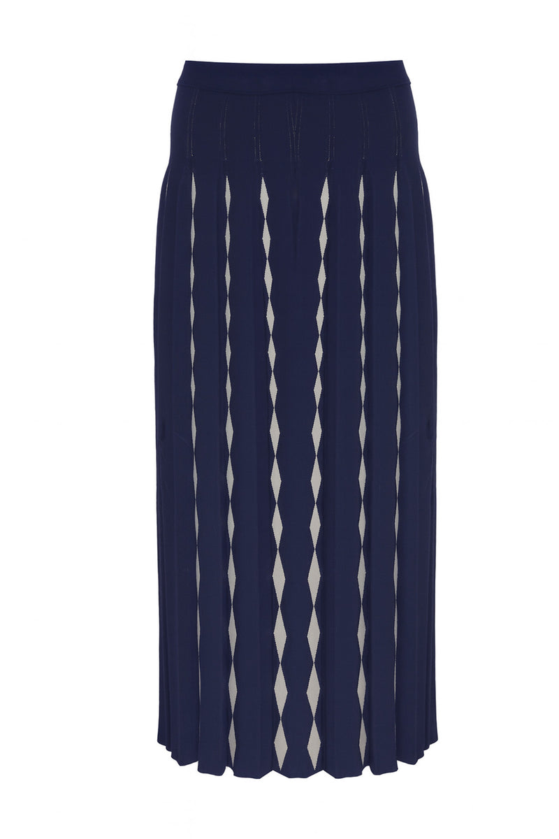 Navy Blue Camel Geometric Patterned Pleated Skirt