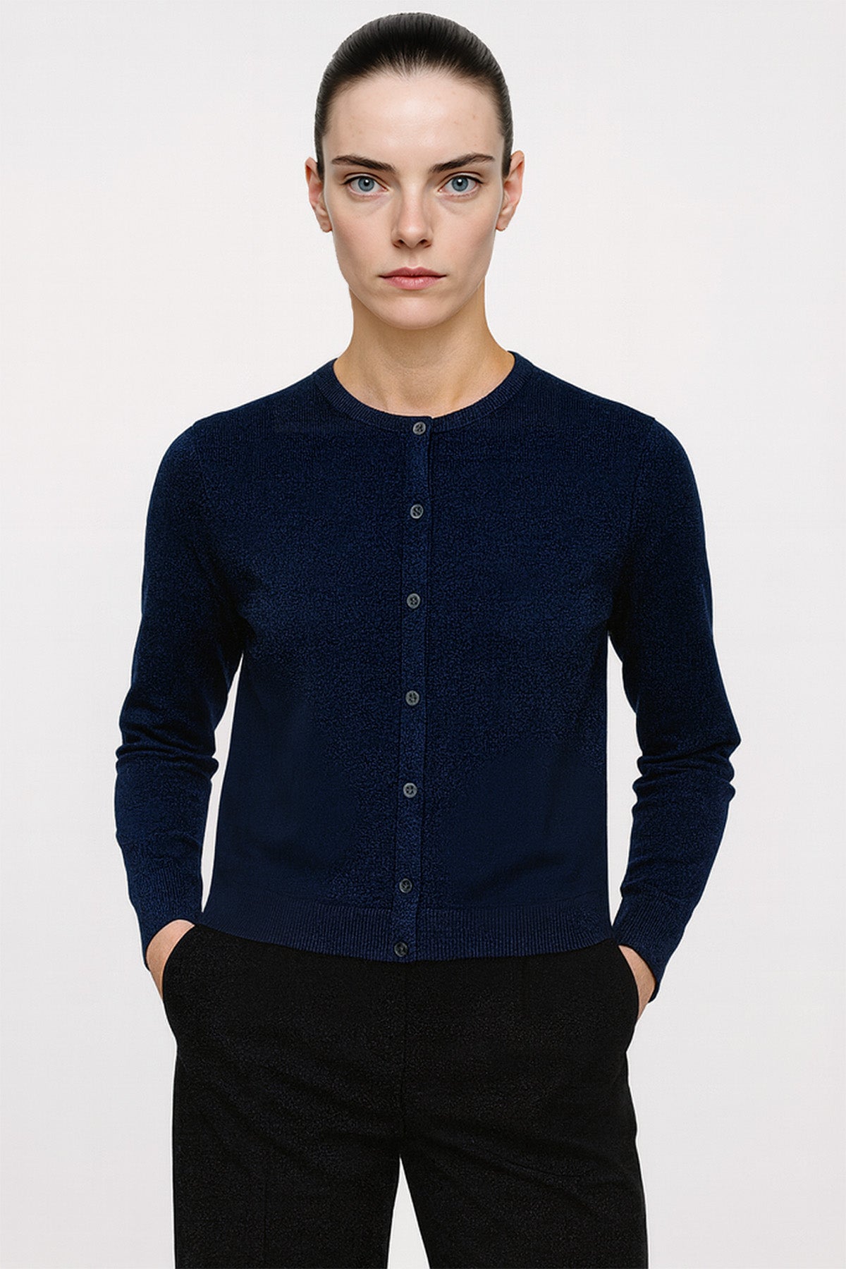 Navy Blue Button-Down Collar Women's Cardigan