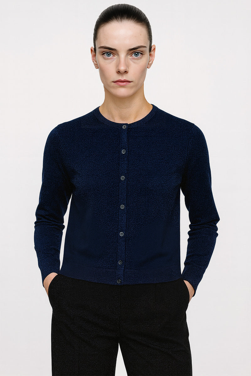 Navy Blue Button-Down Collar Women's Cardigan