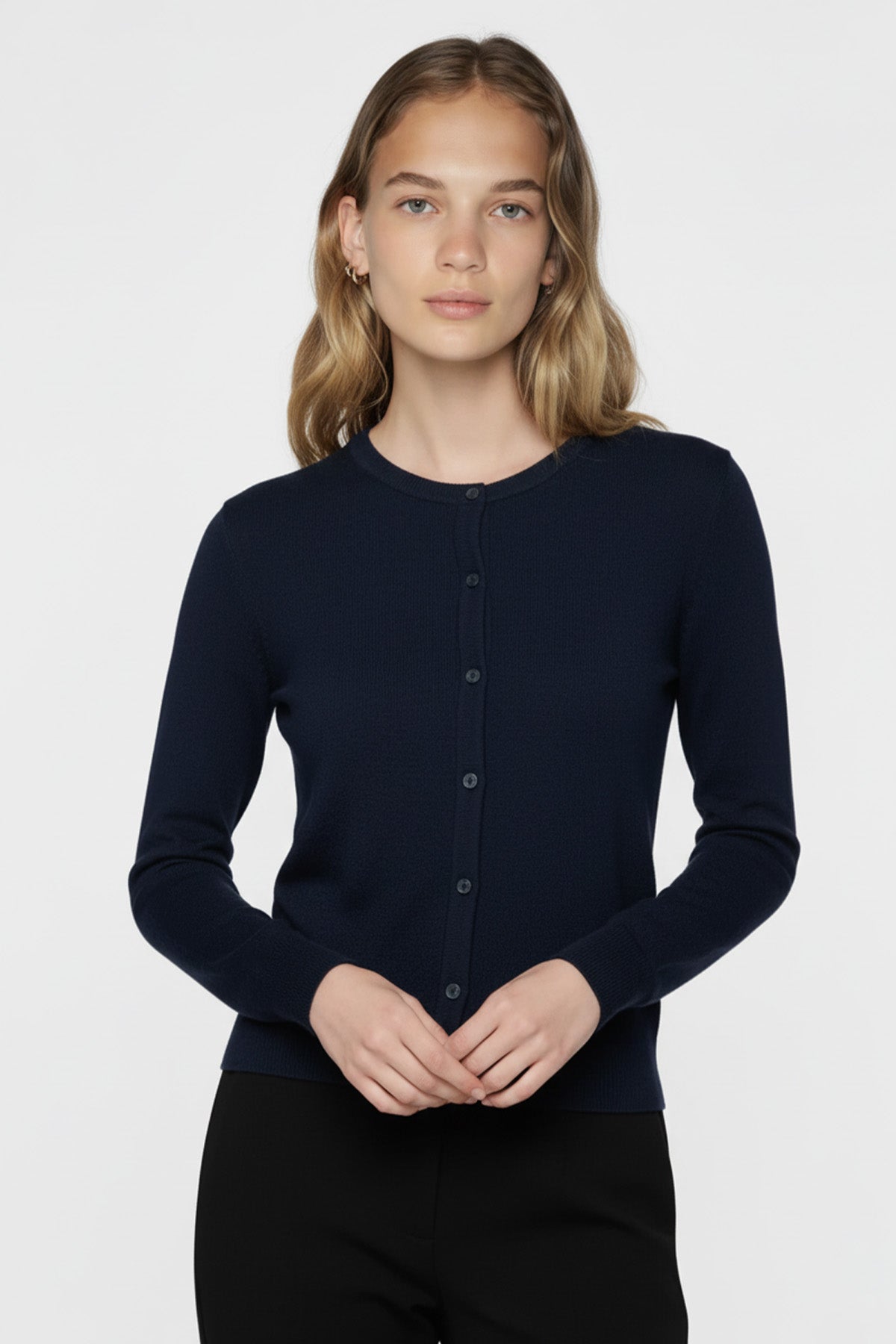 Navy Blue Button-Down Collar Women's Cardigan