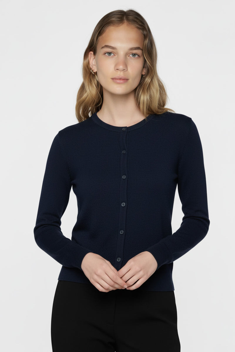 Navy Blue Button-Down Collar Women's Cardigan