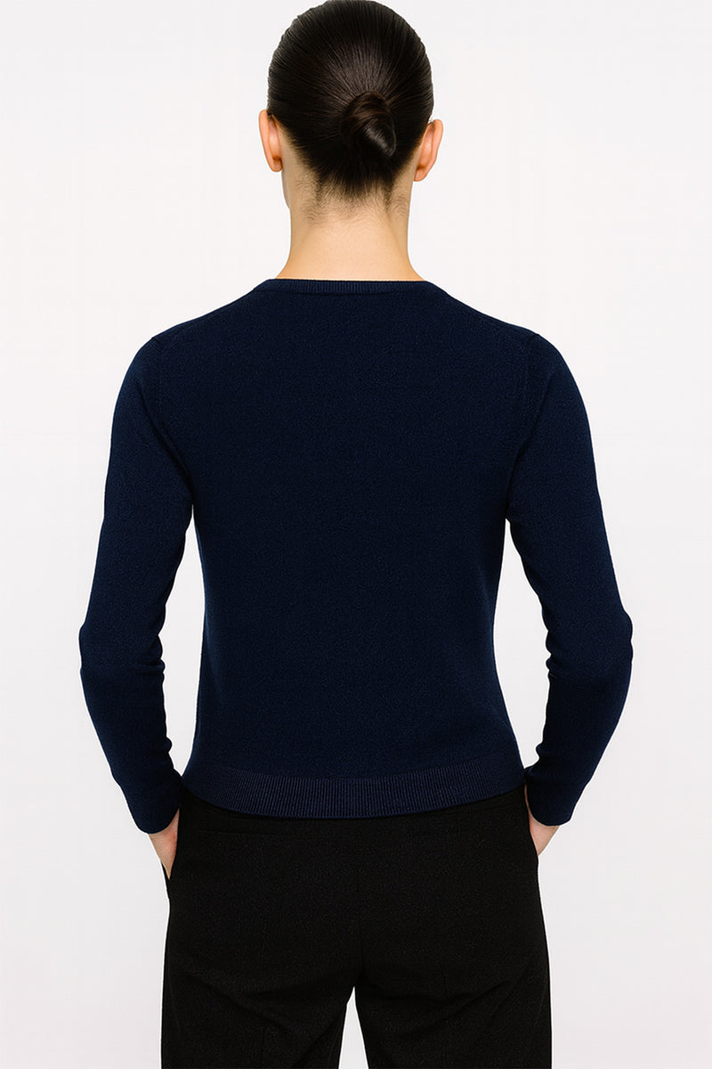 Navy Blue Button-Down Collar Women's Cardigan