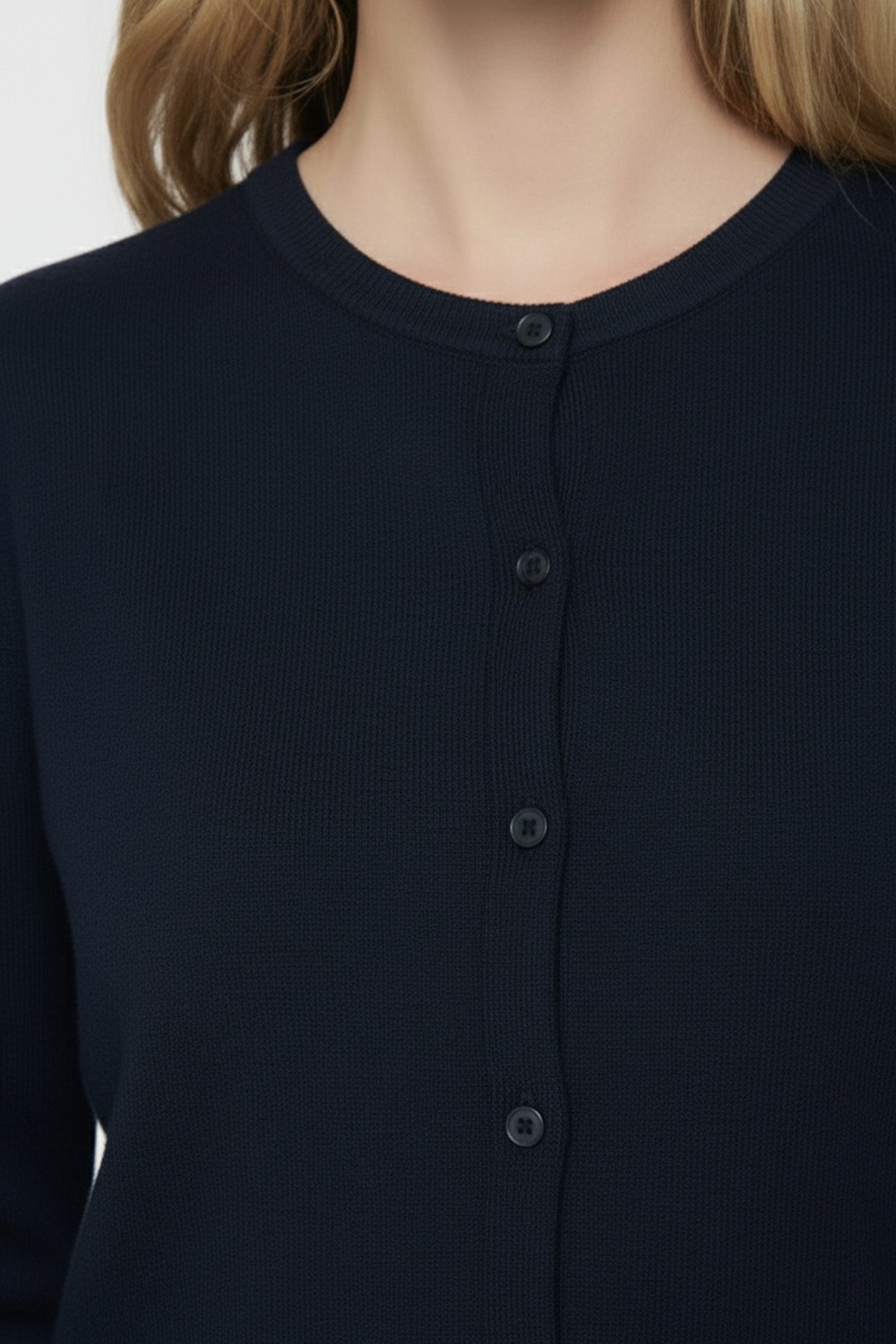 Navy Blue Button-Down Collar Women's Cardigan