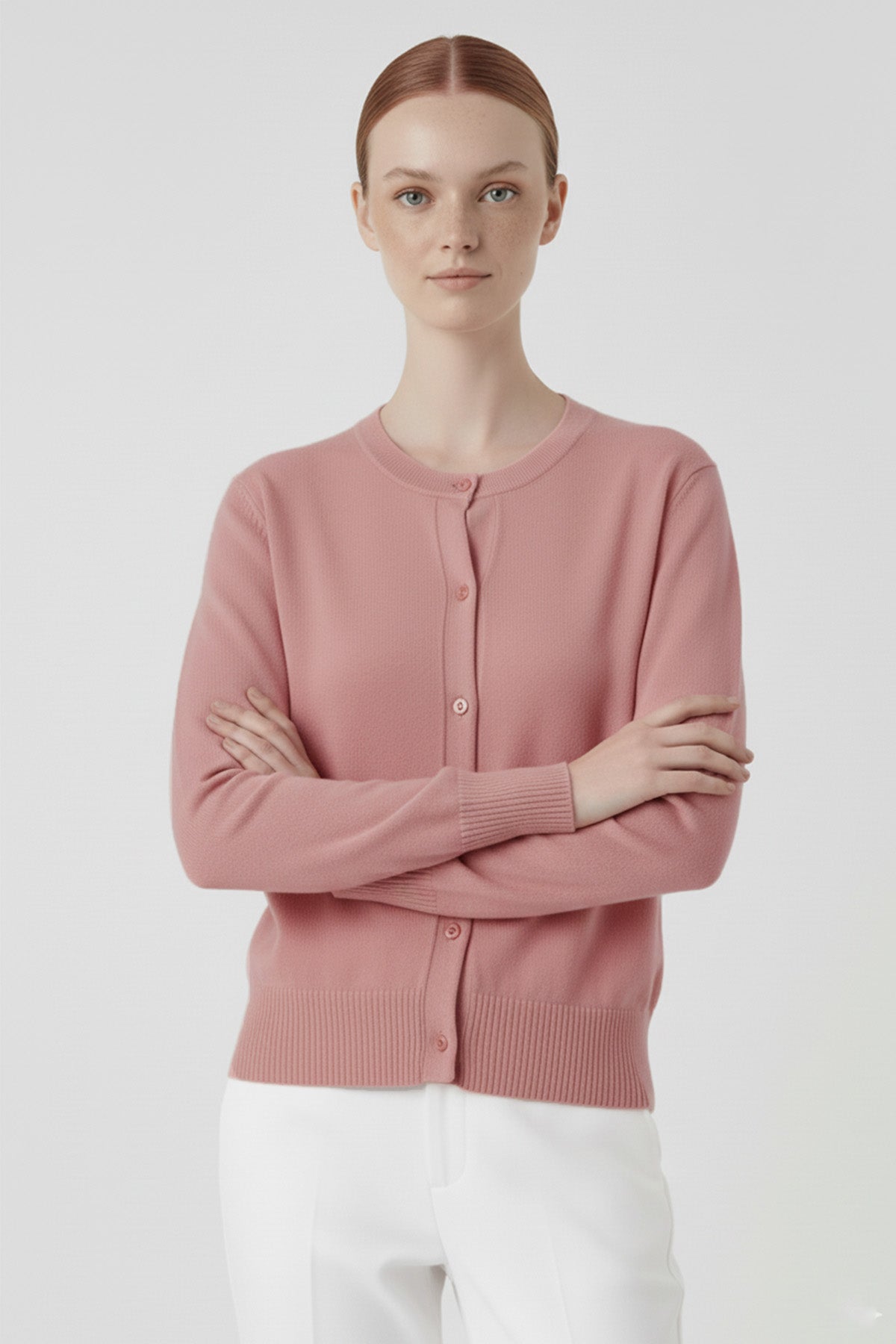 Rose-Colored Women's Cardigan with Buttoned Collar
