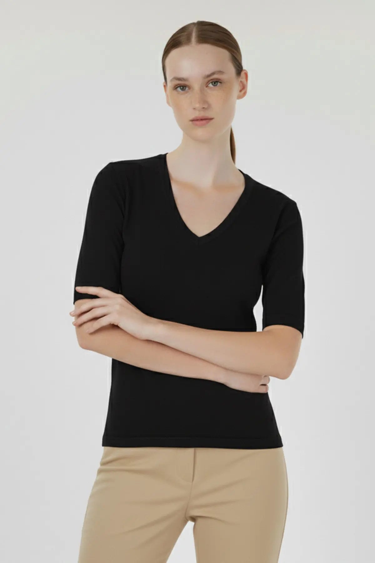Black V-Neck Women's T-Shirt Triko Mısırlı
