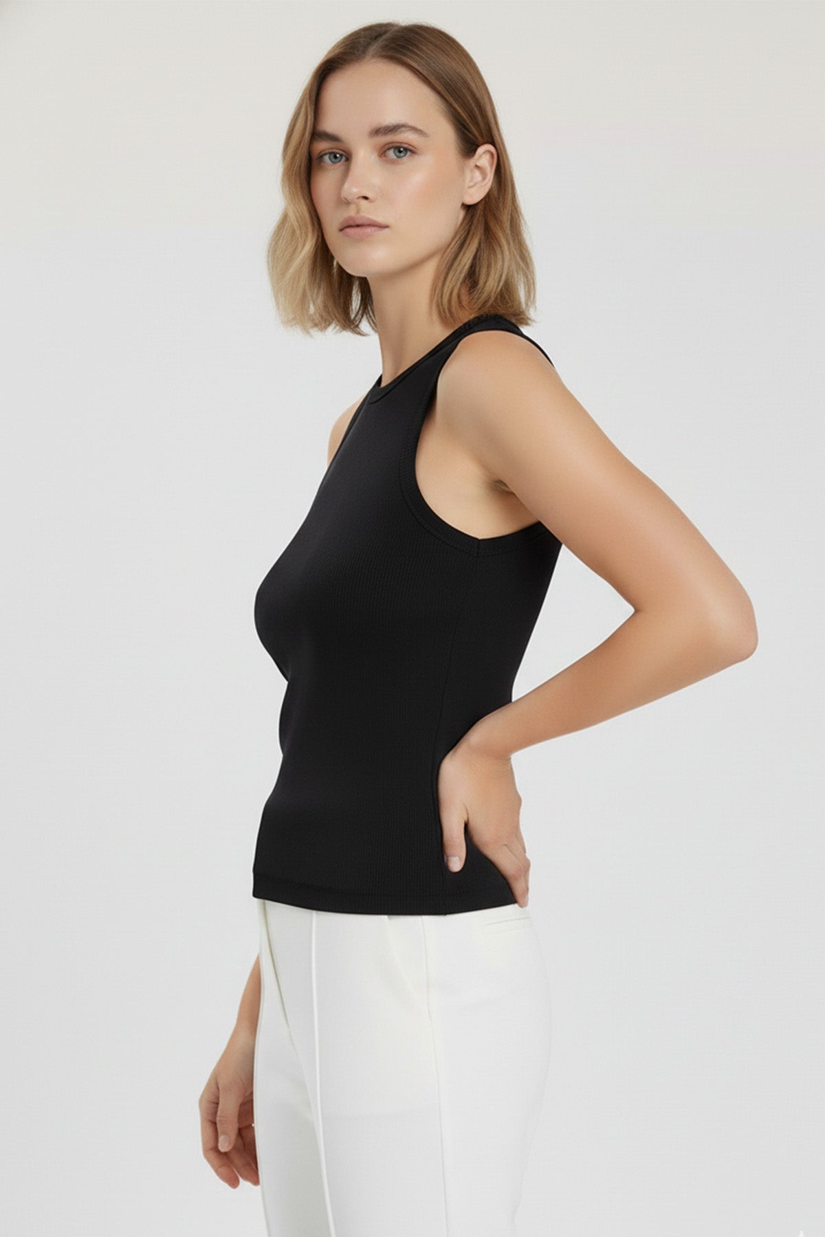 Black Crew Neck Ribbed Women's Undershirt