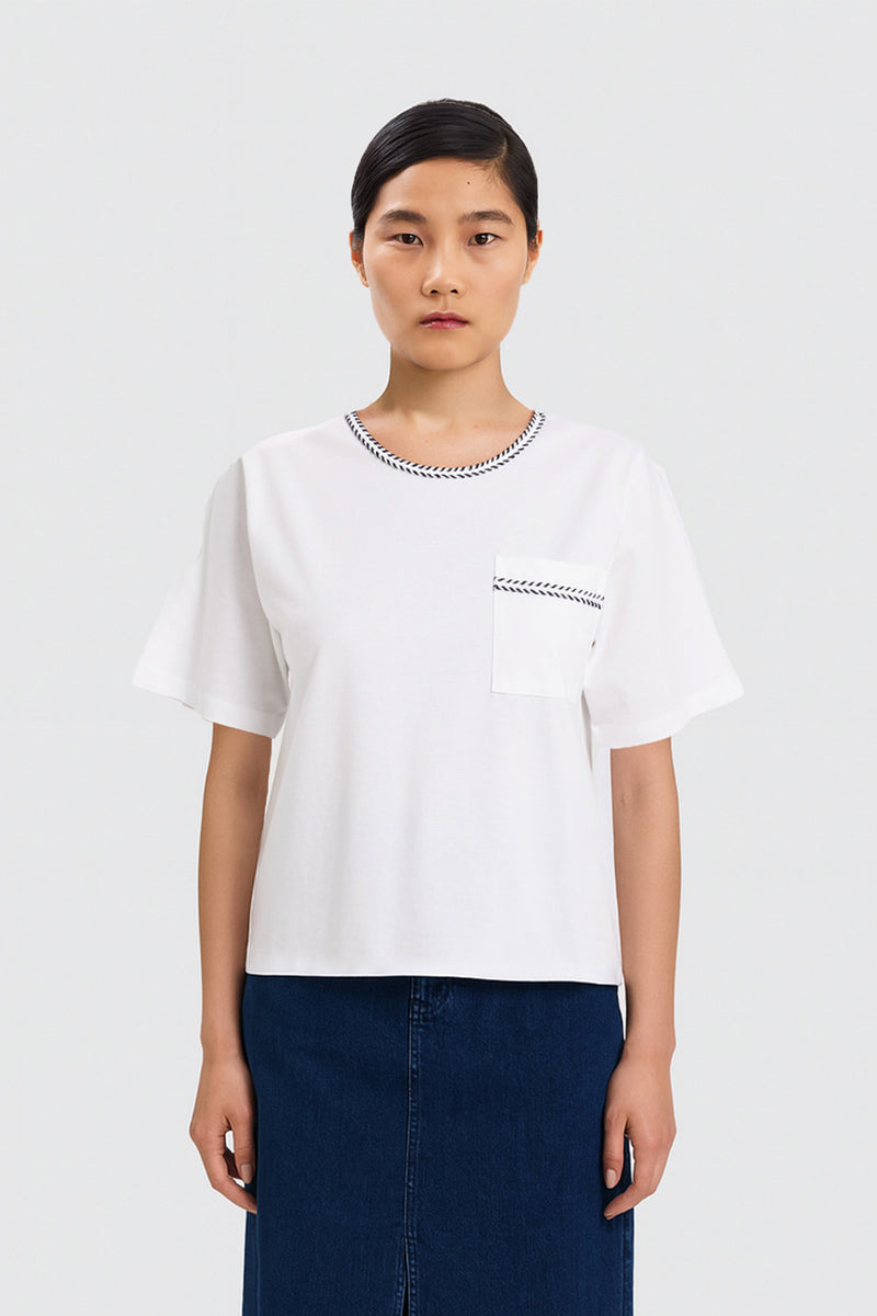 Ecru Border Detailed Short Sleeve Women's T-Shirt