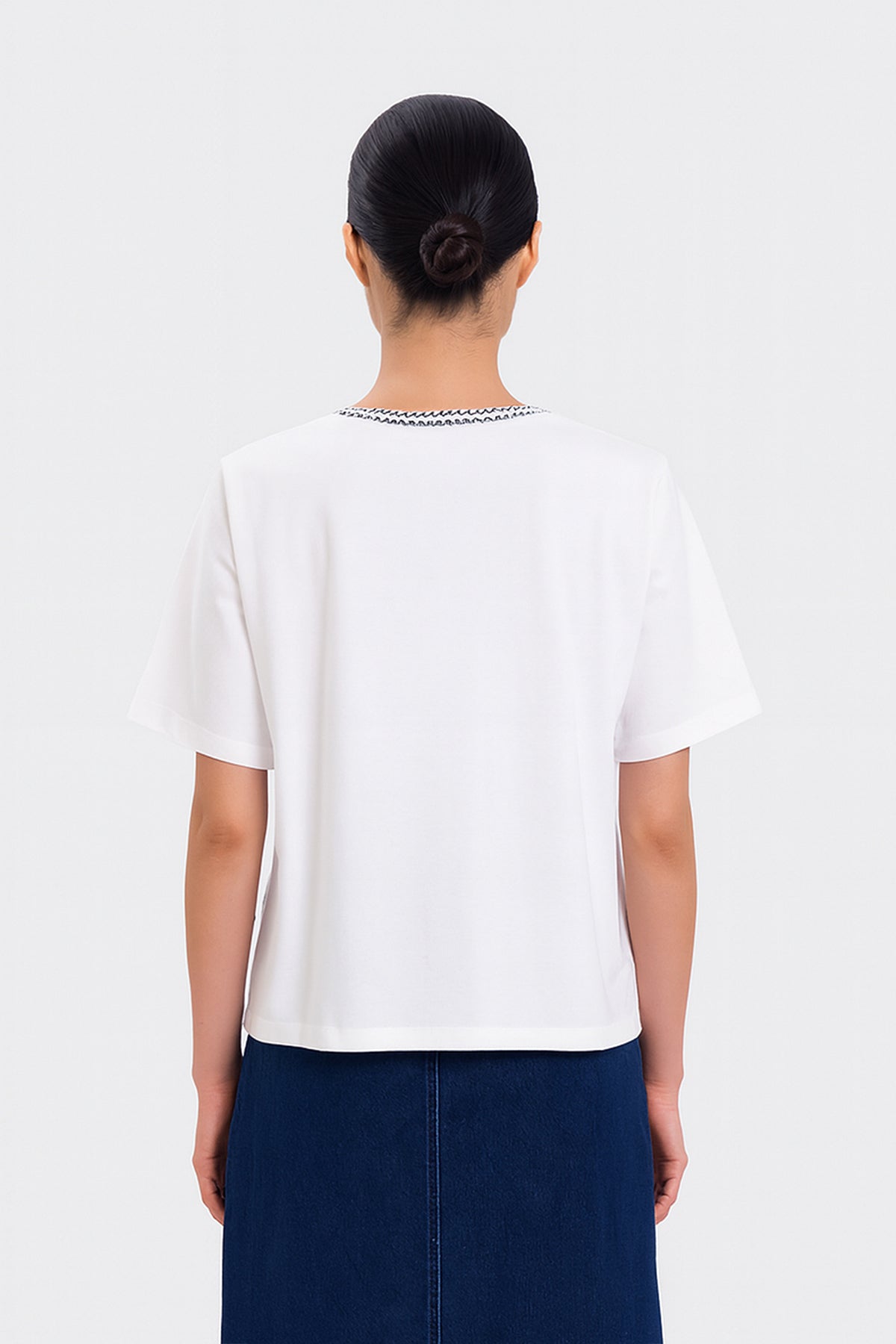 Ecru Border Detailed Short Sleeve Women's T-Shirt