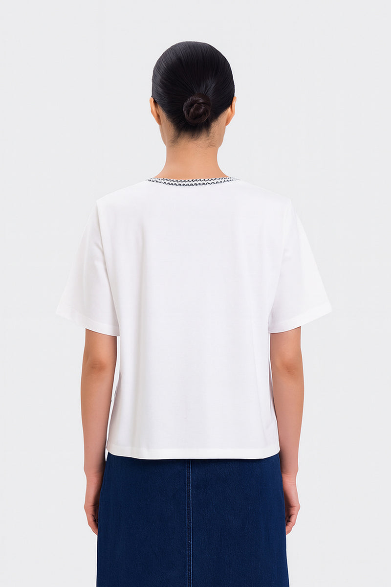 Ecru Border Detailed Short Sleeve Women's T-Shirt