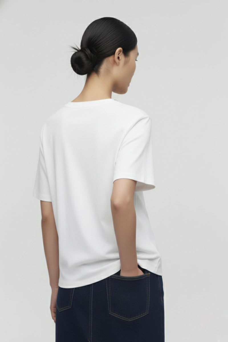 Ecru Border Detailed Short Sleeve Women's T-Shirt