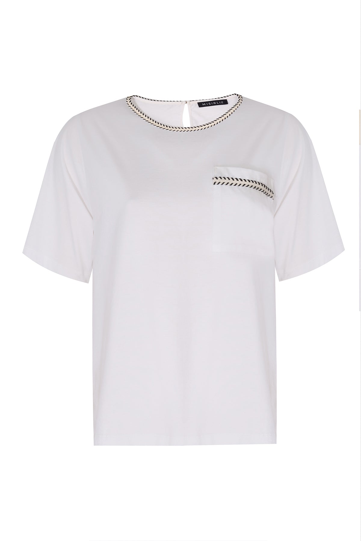 Ecru Border Detailed Short Sleeve Women's T-Shirt