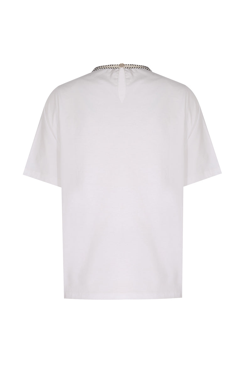 Ecru Border Detailed Short Sleeve Women's T-Shirt
