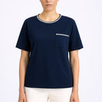Navy Blue Bordered Short Sleeve Women's T-Shirt