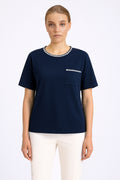 Navy Blue Bordered Short Sleeve Women's T-Shirt