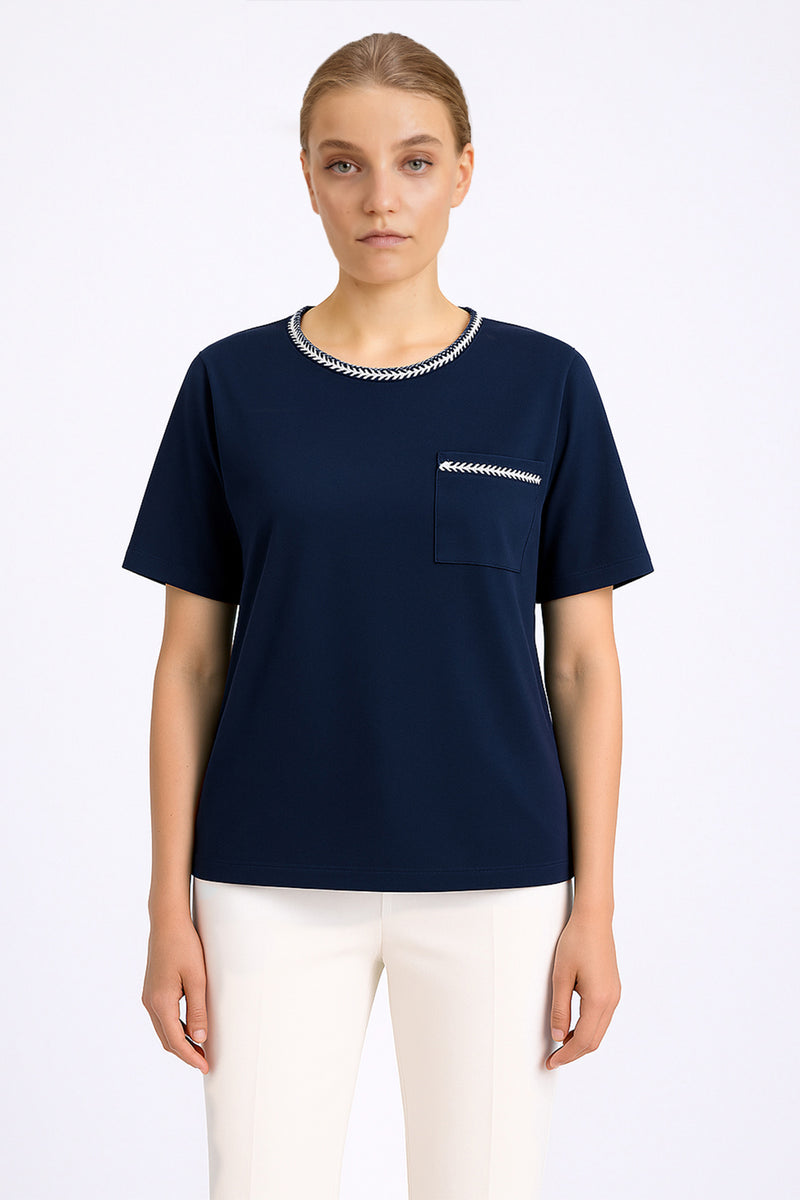Navy Blue Bordered Short Sleeve Women's T-Shirt
