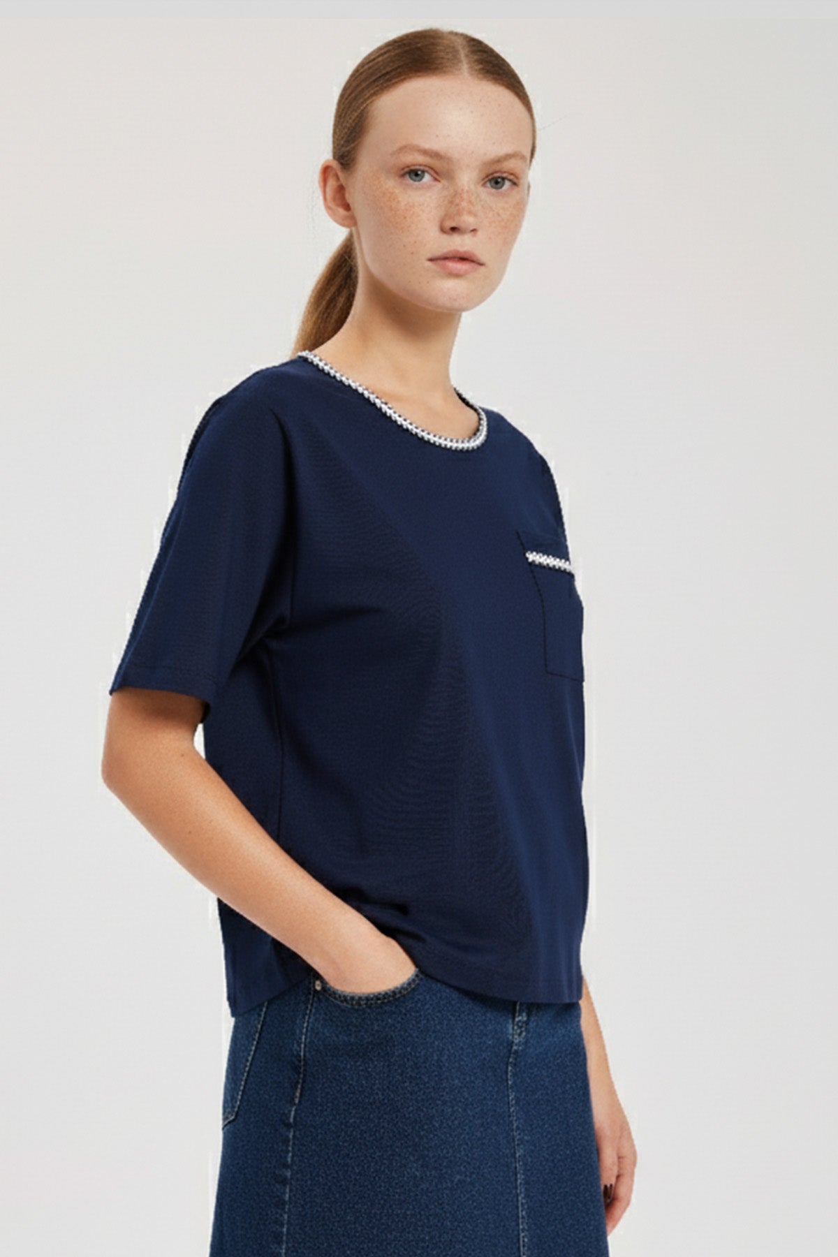 Navy Blue Bordered Short Sleeve Women's T-Shirt