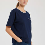 Navy Blue Bordered Short Sleeve Women's T-Shirt