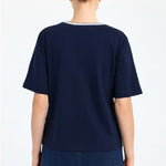 Navy Blue Bordered Short Sleeve Women's T-Shirt