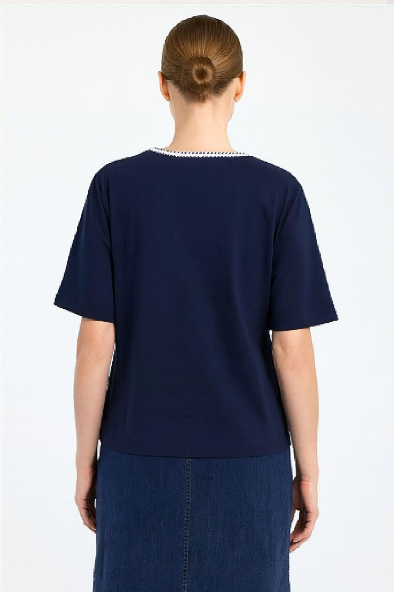 Navy Blue Bordered Short Sleeve Women's T-Shirt