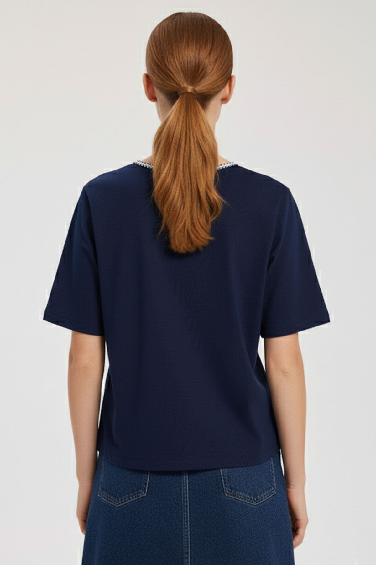 Navy Blue Bordered Short Sleeve Women's T-Shirt