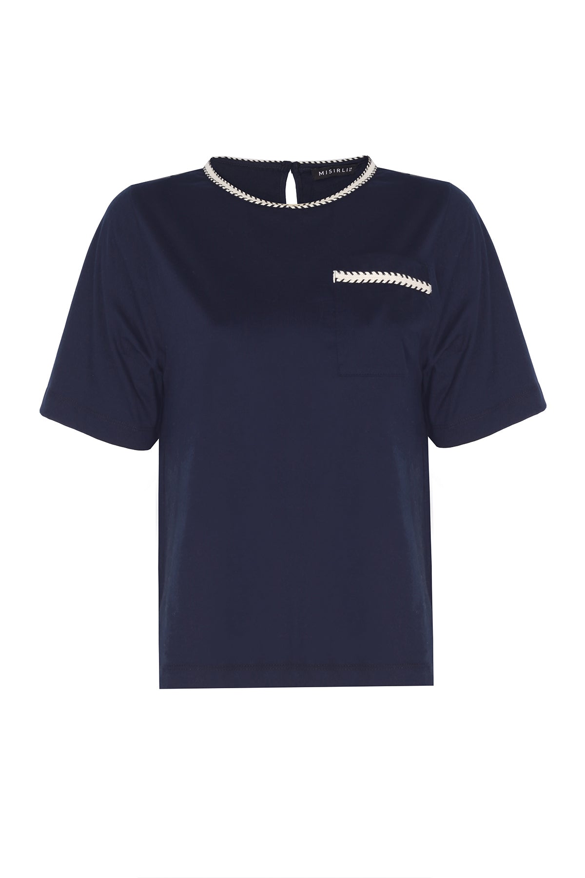 Navy Blue Bordered Short Sleeve Women's T-Shirt