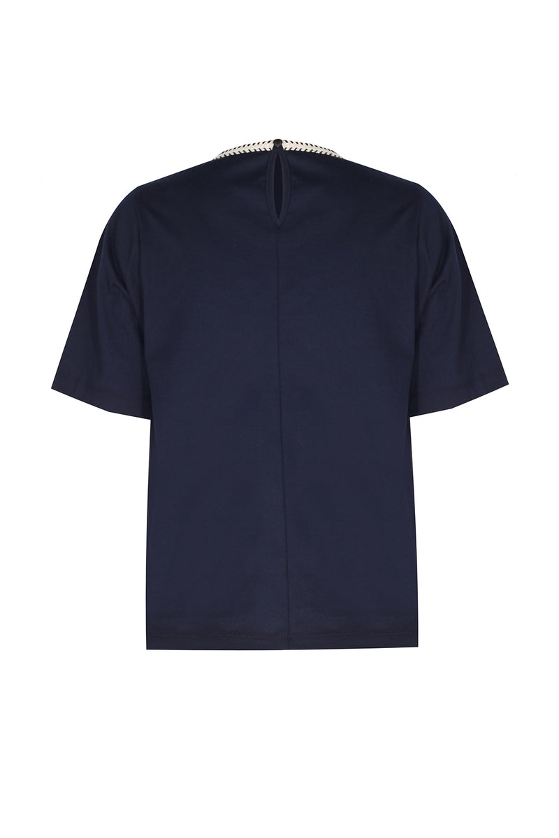 Navy Blue Bordered Short Sleeve Women's T-Shirt
