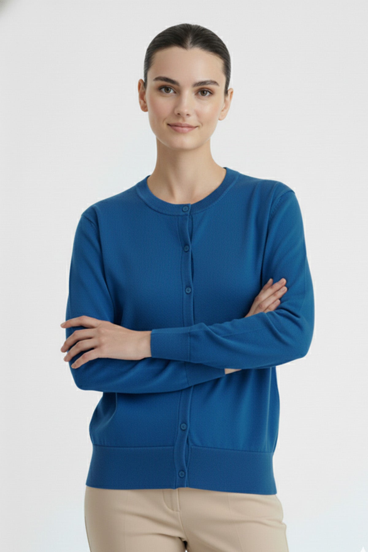 Navy Blue Crew Neck Women's Cardigan