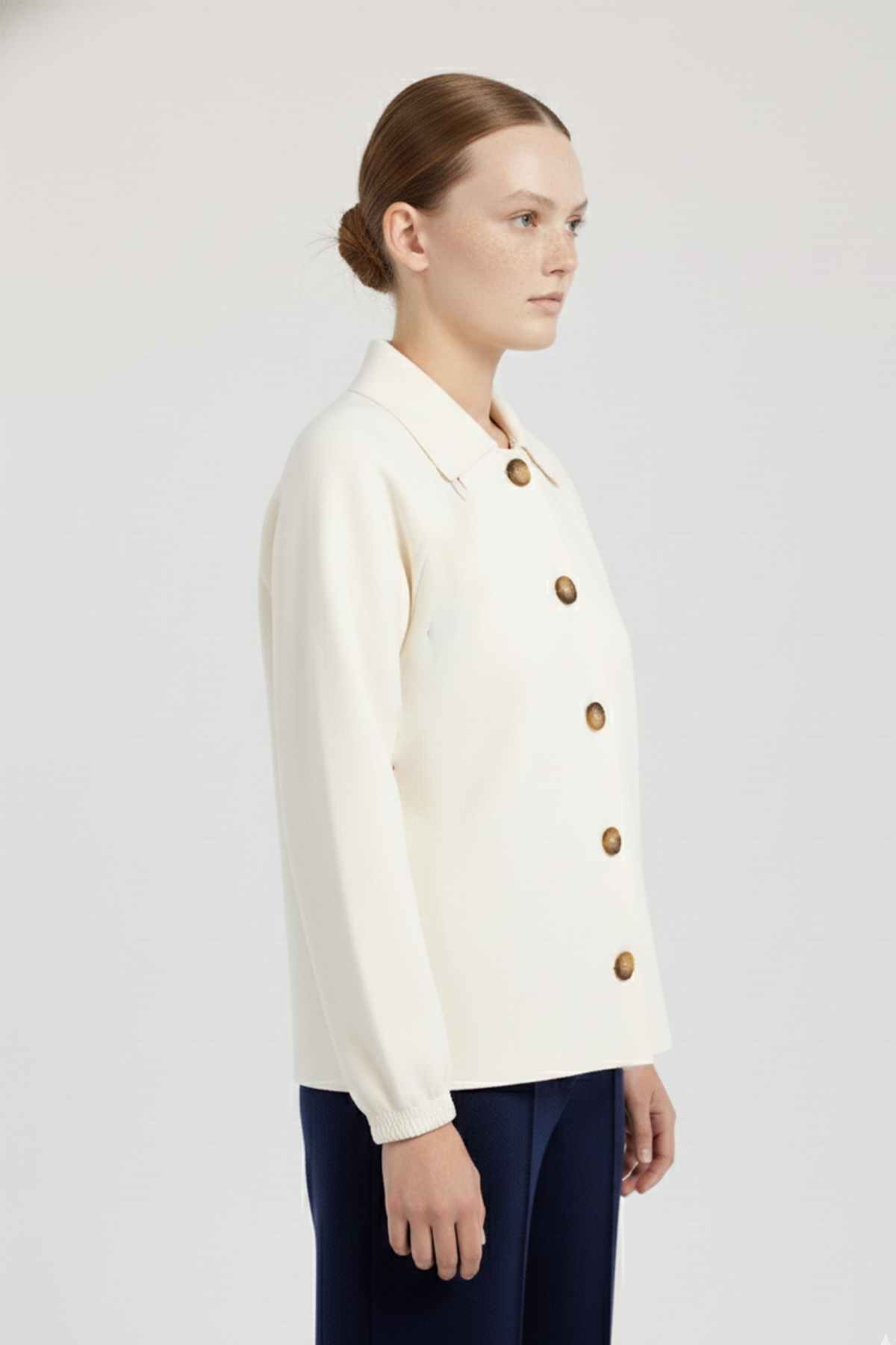 Open Beige Button-Down Collar Women's Jacket