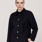 Navy Blue Collar Tied Tweed Women's Jacket