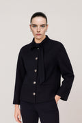Navy Blue Collar Tied Tweed Women's Jacket