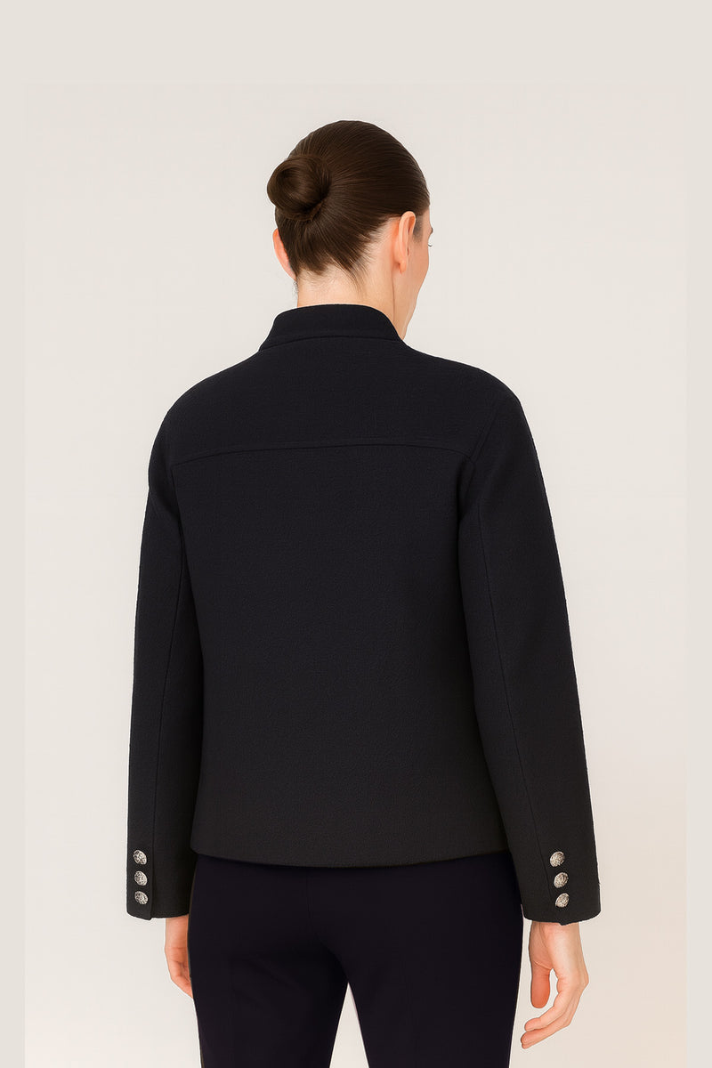 Navy Blue Collar Tied Tweed Women's Jacket