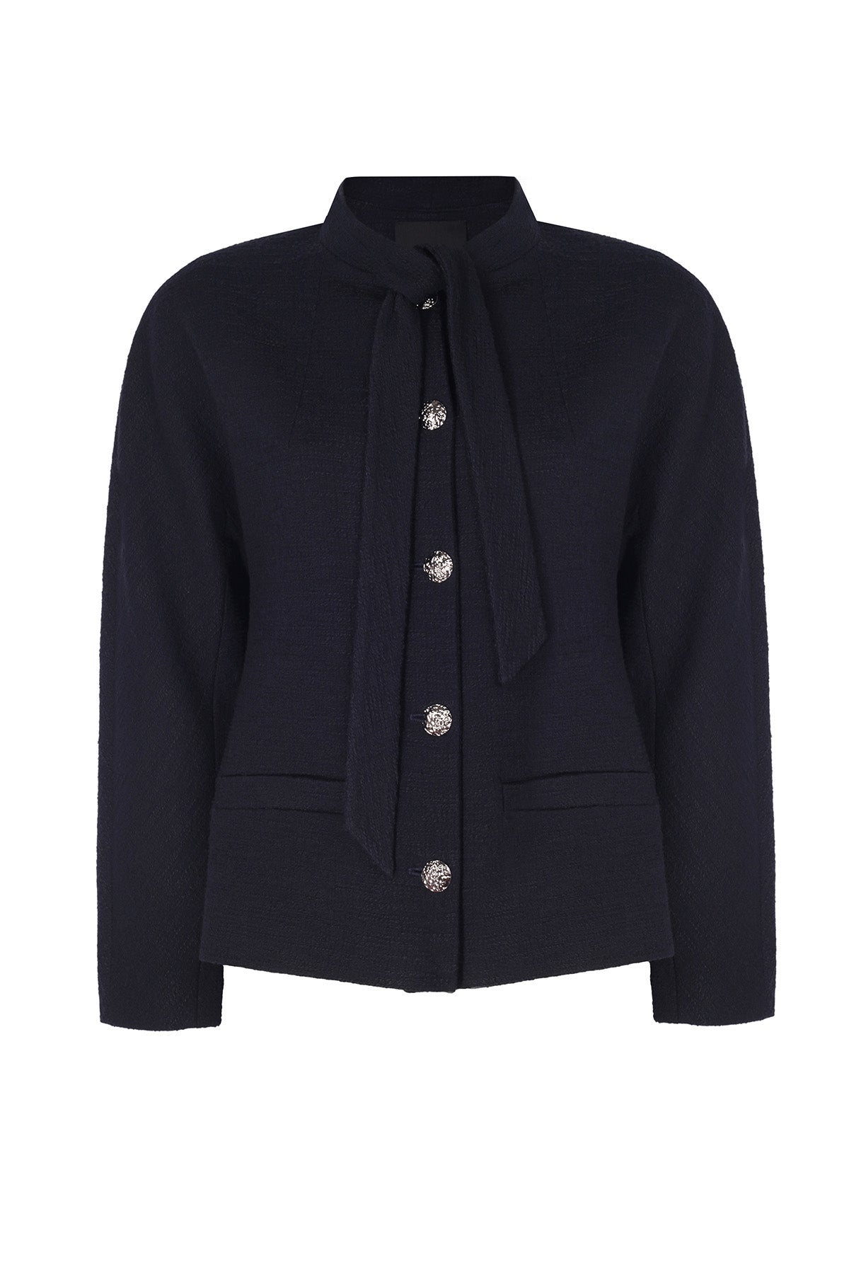 Navy Blue Collar Tied Tweed Women's Jacket