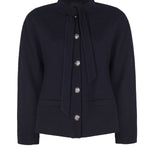 Navy Blue Collar Tied Tweed Women's Jacket