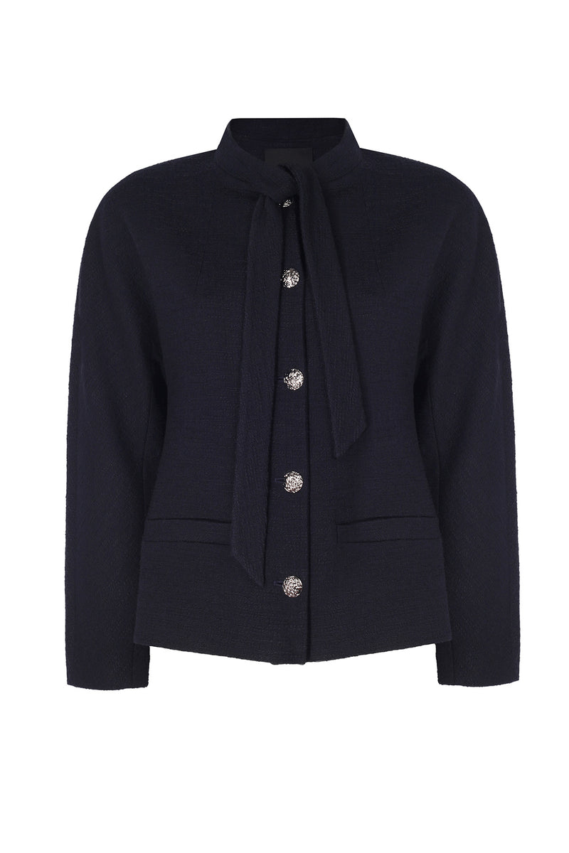 Navy Blue Collar Tied Tweed Women's Jacket