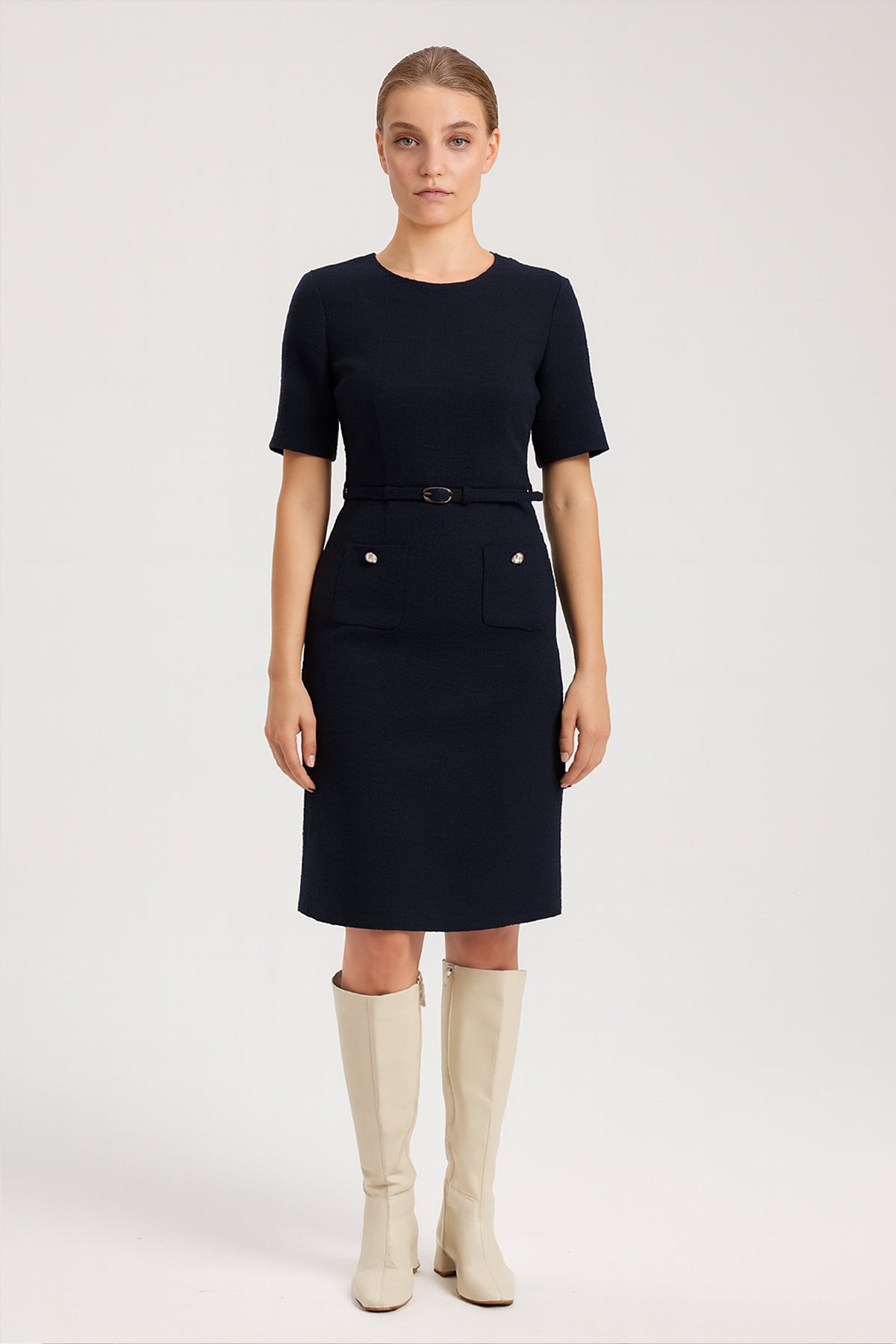 Navy Blue Belt and Pocket Detail Short Sleeve Dress