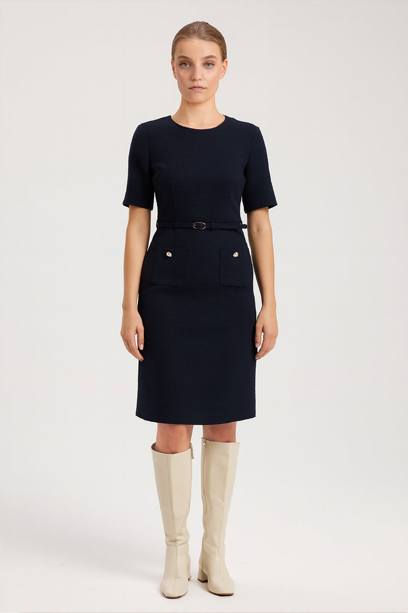 Navy Blue Belt and Pocket Detail Short Sleeve Dress