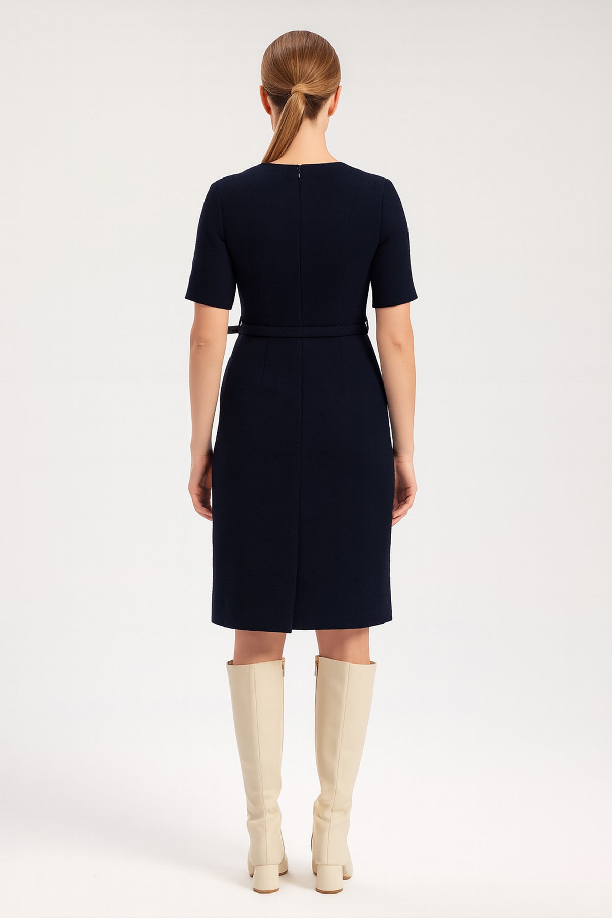 Navy Blue Belt and Pocket Detail Short Sleeve Dress
